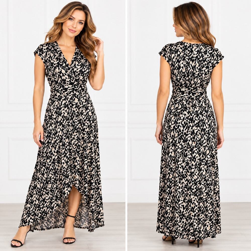 Apt 9 Womens Black Tan Maxi Dress High Low V Neck Faux Wrap Cap Sleeve Small
